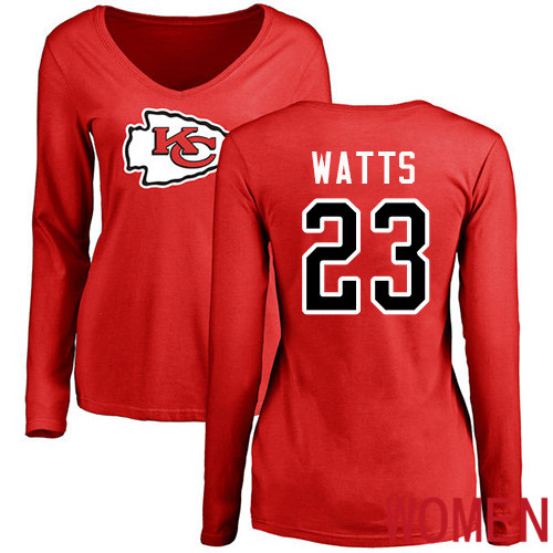 Women Football Kansas City Chiefs #23 Watts Armani Red Name and Number Logo Slim Fit Long Sleeve T-Shirt